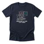 Debugging AI Code Is My Cardio Tee navy mockup