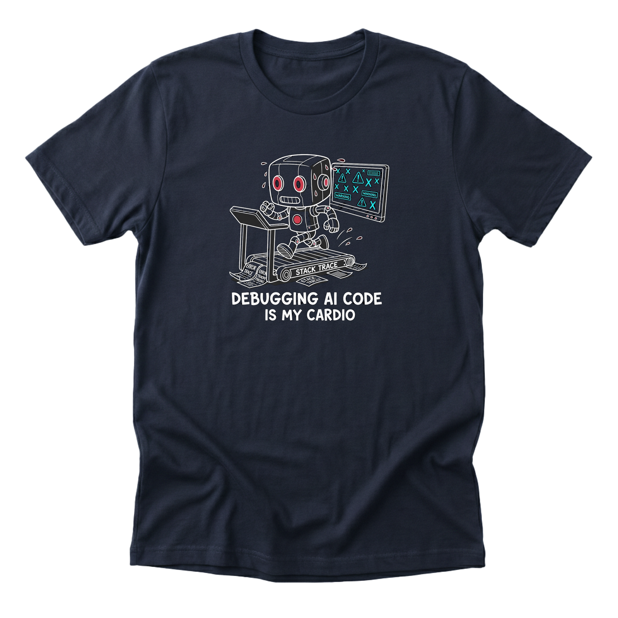 Debugging AI Code Is My Cardio Tee navy mockup