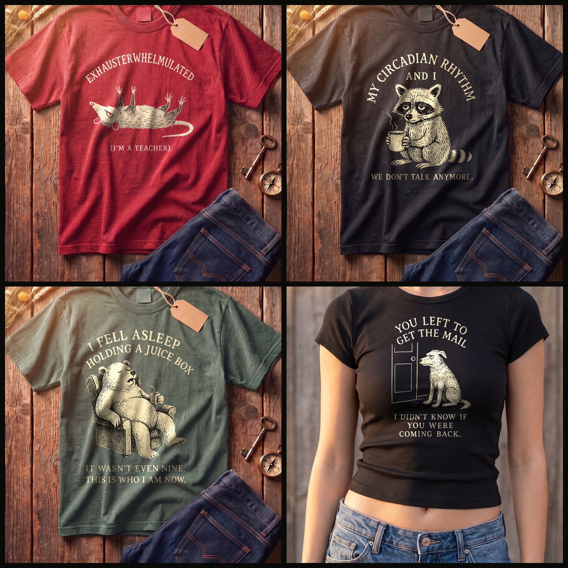 Five TRESR tees laid flat on a worn wood table, each showing a different niche design.